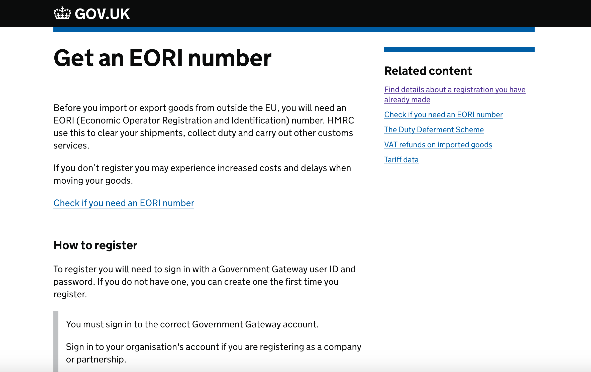 Get an EORI number start page